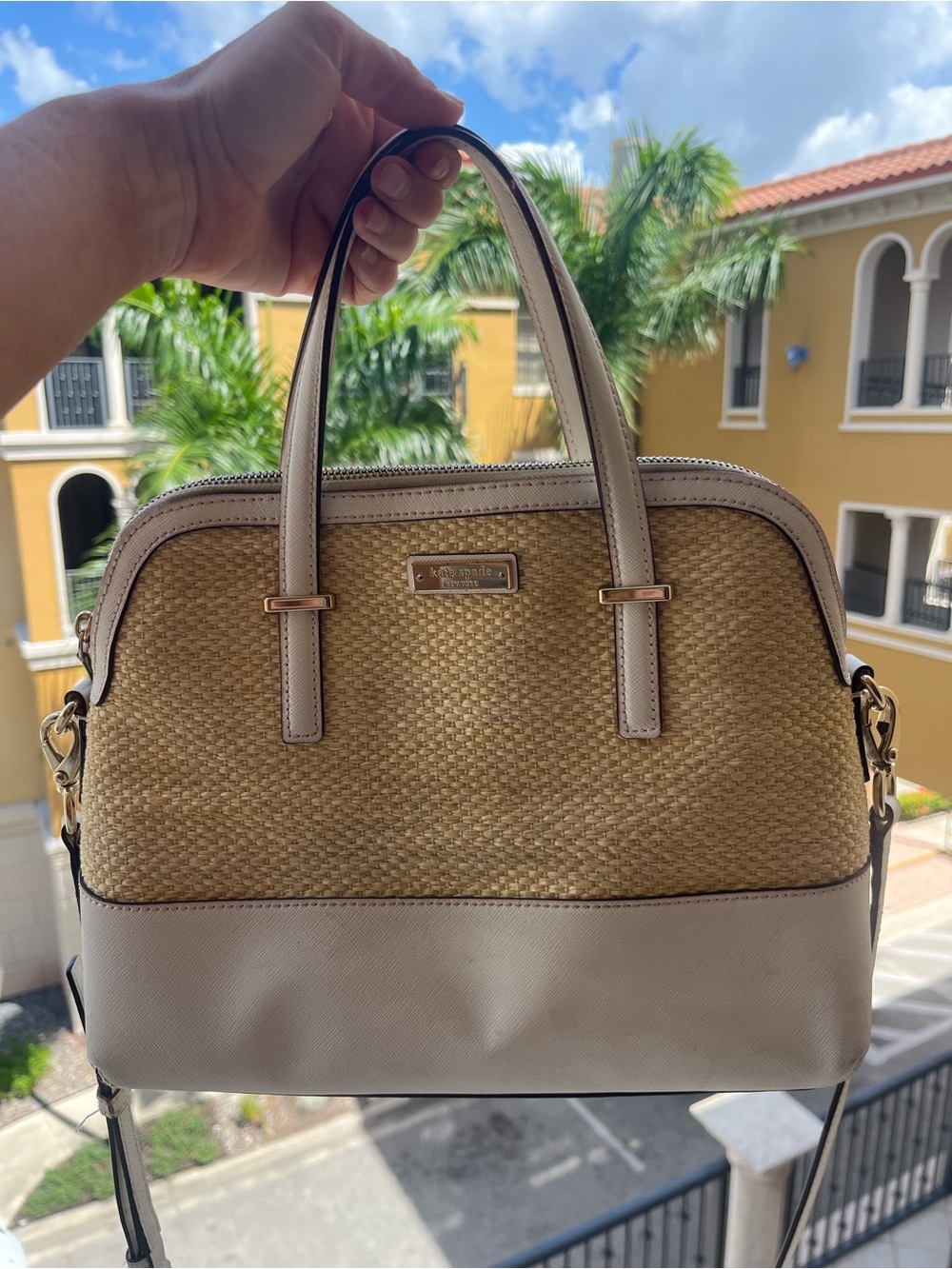 kate spade Straw-Textured Beige and Light Tan Satchel Raffia Bohoemian